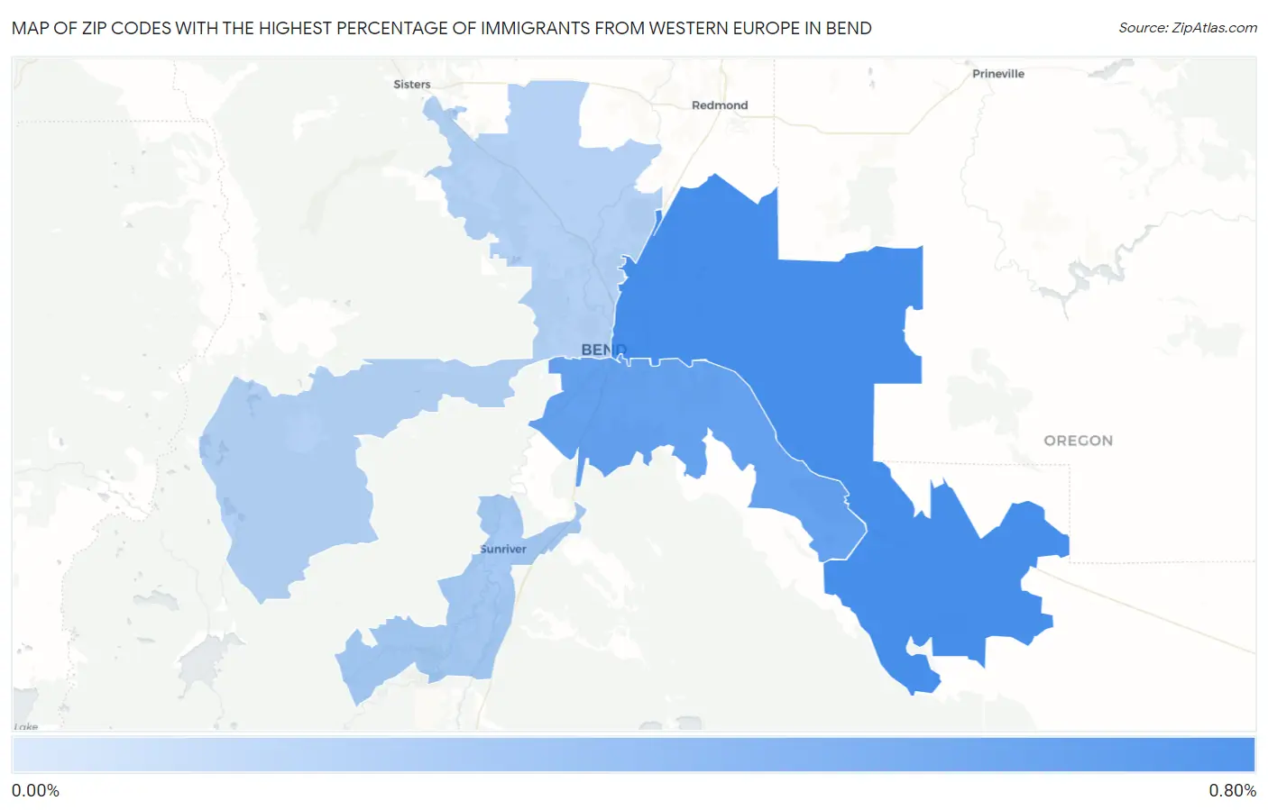 Zip Codes with the Highest Percentage of Immigrants from Western Europe in Bend Map