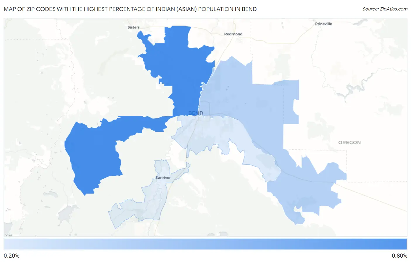 Zip Codes with the Highest Percentage of Indian (Asian) Population in Bend Map