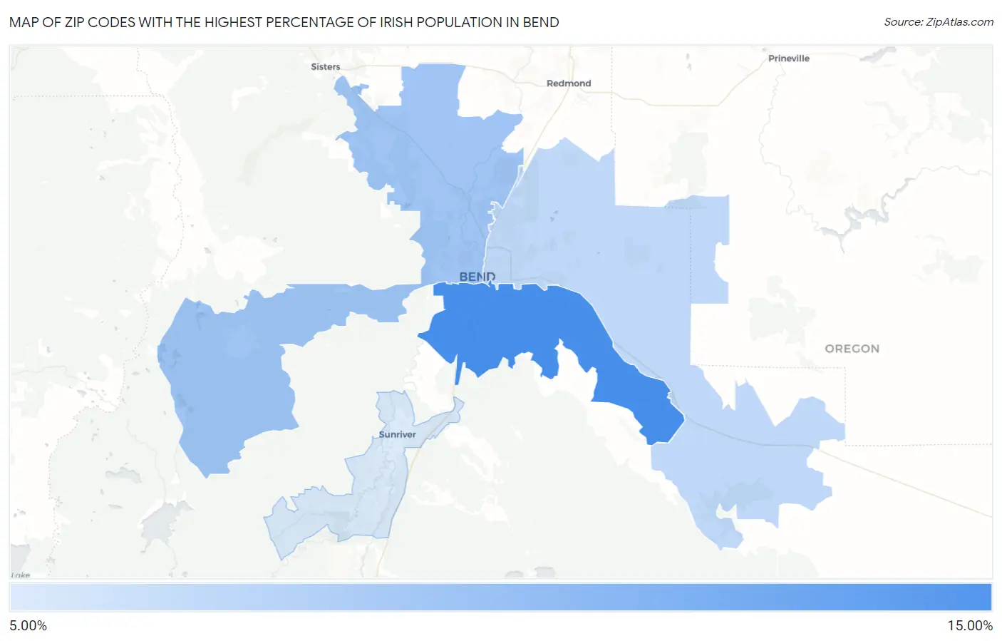 Zip Codes with the Highest Percentage of Irish Population in Bend Map