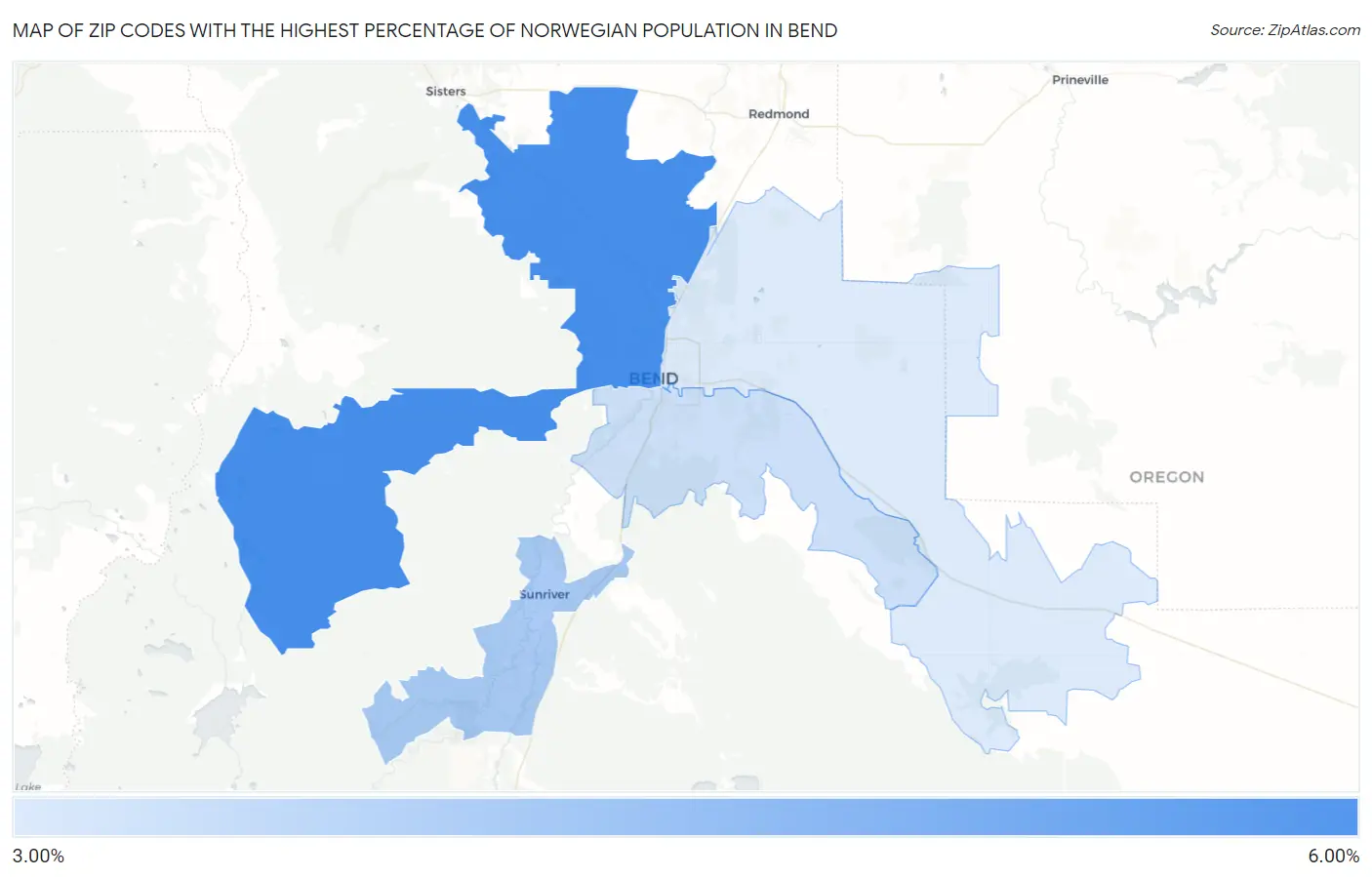 Zip Codes with the Highest Percentage of Norwegian Population in Bend Map