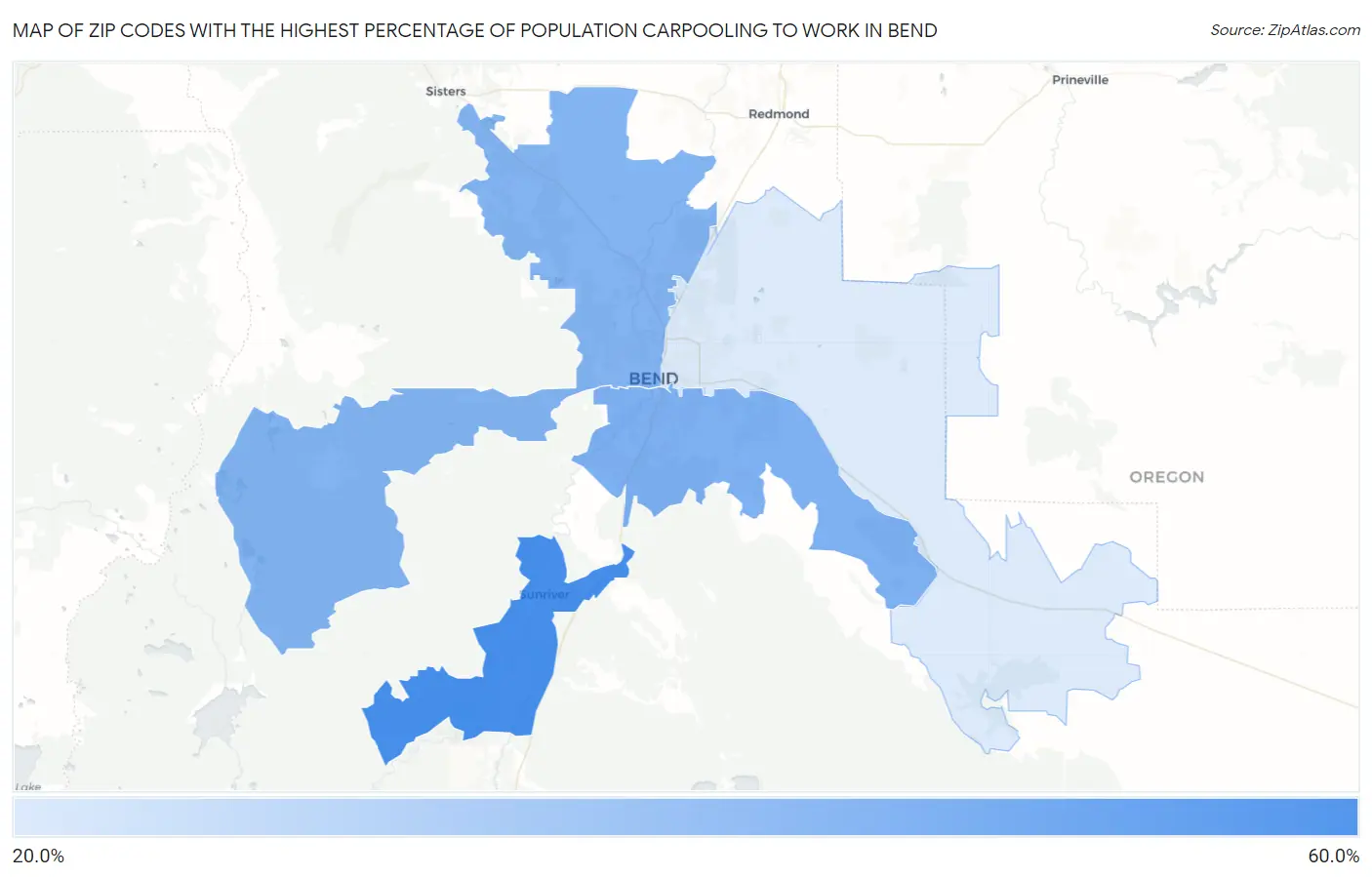 Zip Codes with the Highest Percentage of Population Carpooling to Work in Bend Map