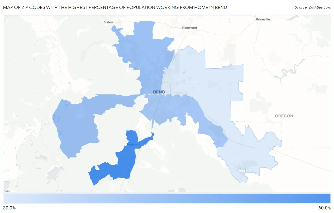 Zip Codes with the Highest Percentage of Population Working from Home in Bend Map