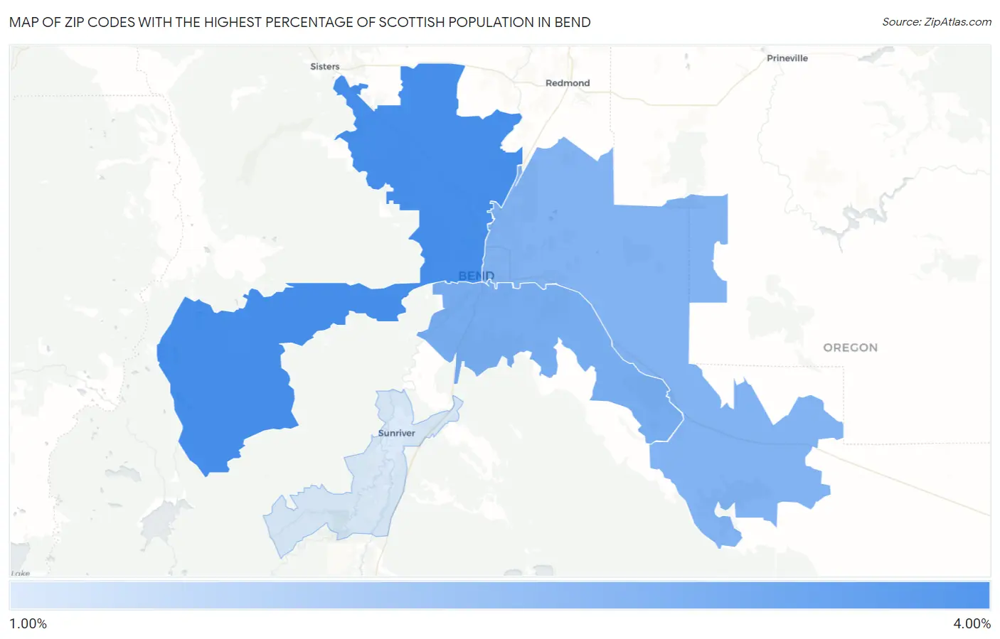 Zip Codes with the Highest Percentage of Scottish Population in Bend Map