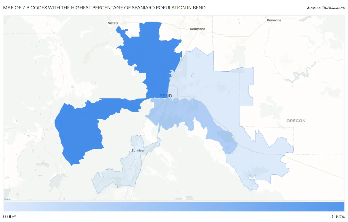 Zip Codes with the Highest Percentage of Spaniard Population in Bend Map