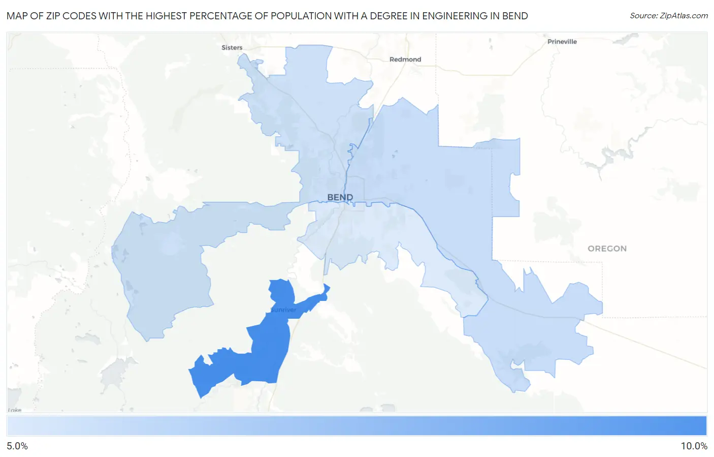 Zip Codes with the Highest Percentage of Population with a Degree in Engineering in Bend Map