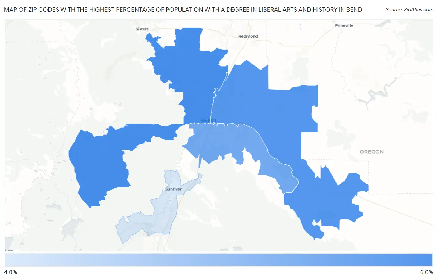 Zip Codes with the Highest Percentage of Population with a Degree in Liberal Arts and History in Bend Map