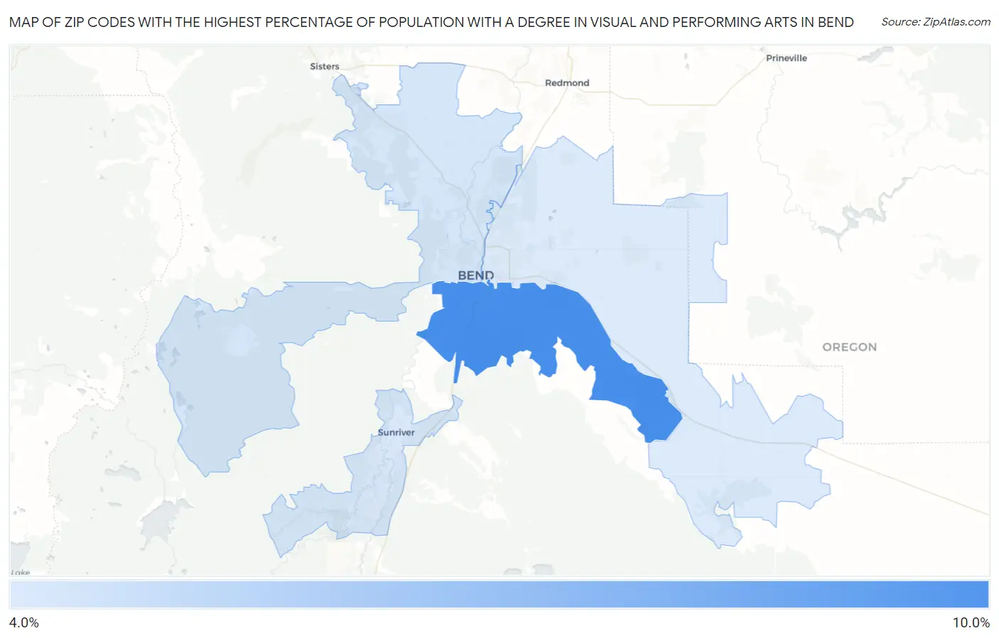 Zip Codes with the Highest Percentage of Population with a Degree in Visual and Performing Arts in Bend Map