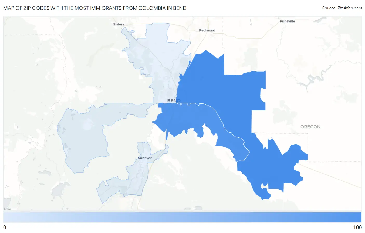 Zip Codes with the Most Immigrants from Colombia in Bend Map
