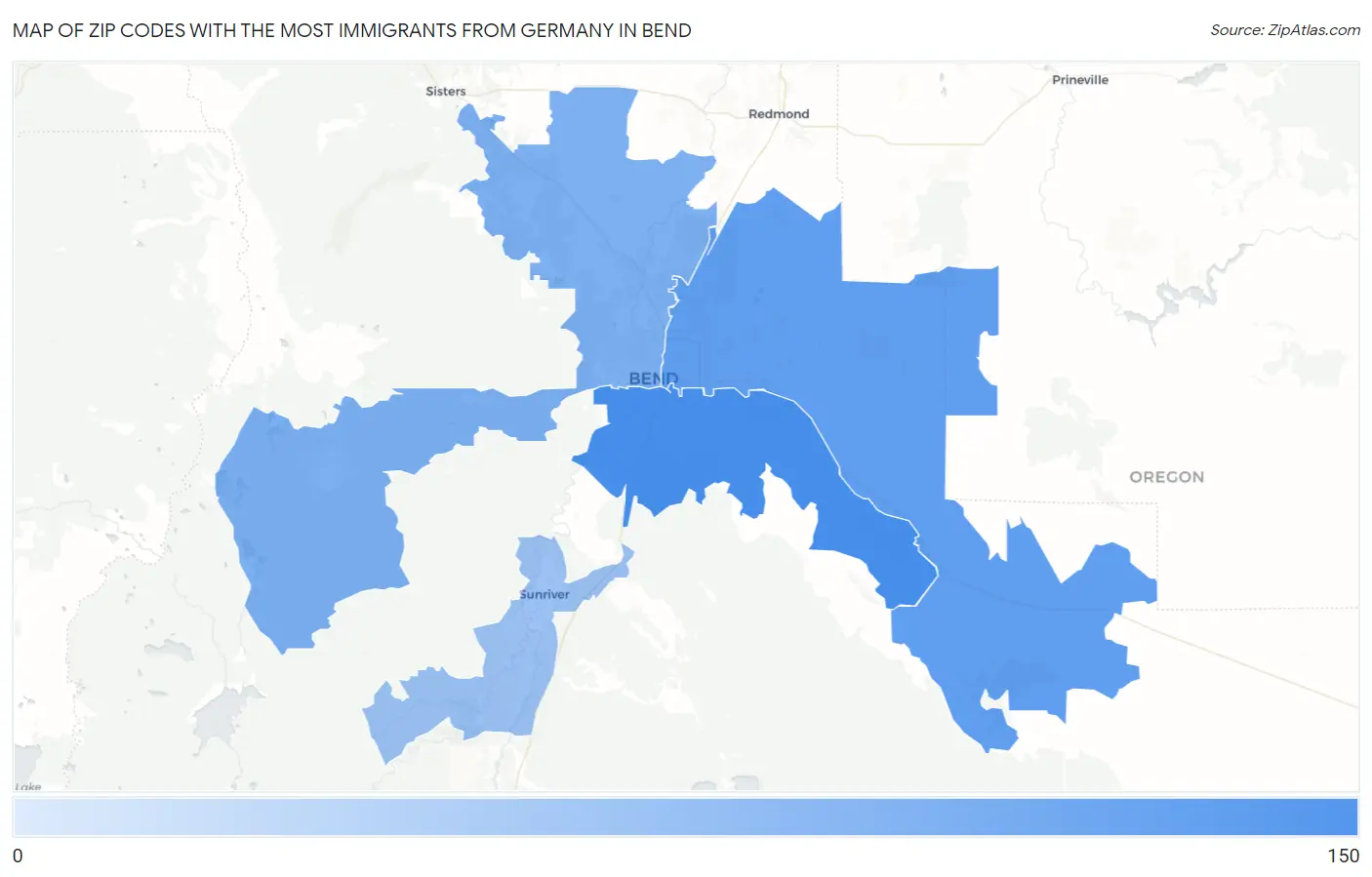 Zip Codes with the Most Immigrants from Germany in Bend Map