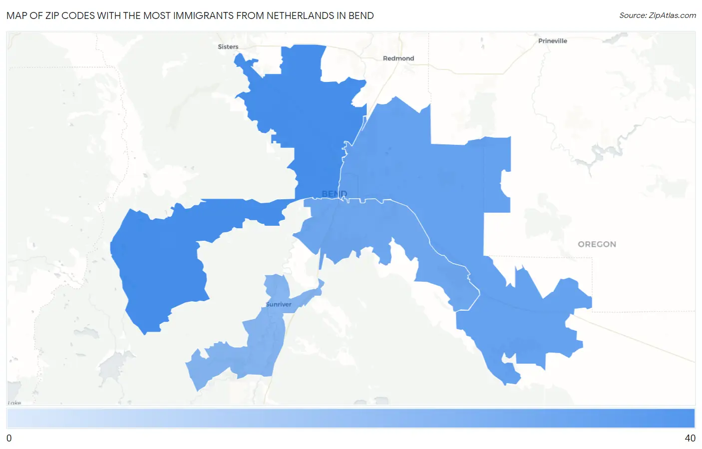 Zip Codes with the Most Immigrants from Netherlands in Bend Map