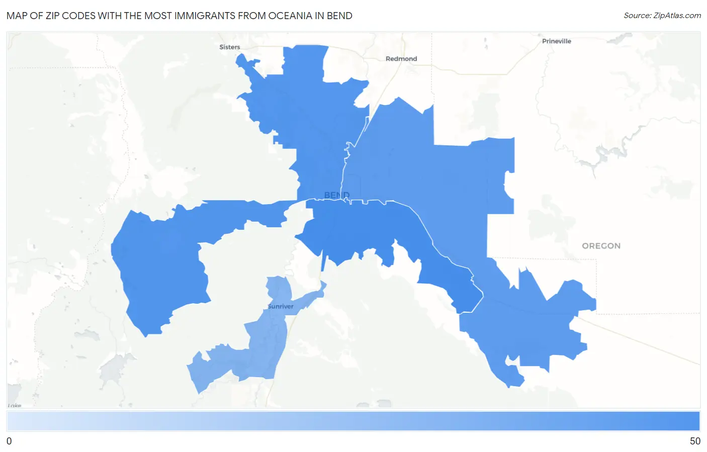 Zip Codes with the Most Immigrants from Oceania in Bend Map