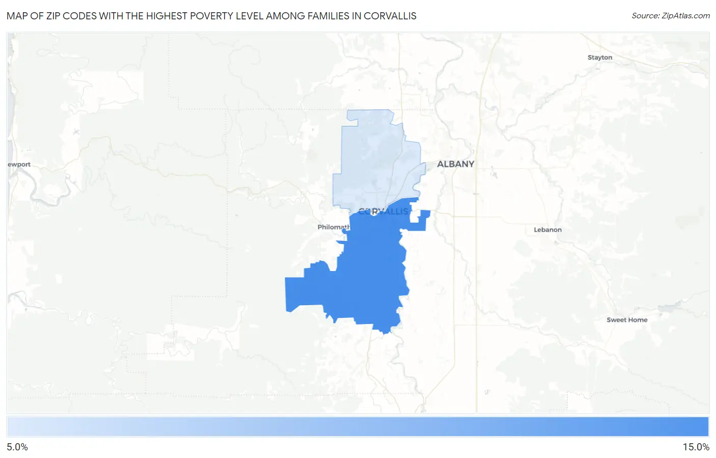 Zip Codes with the Highest Poverty Level Among Families in Corvallis Map