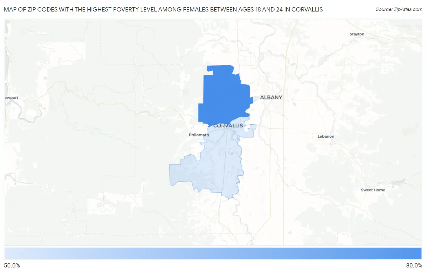 Zip Codes with the Highest Poverty Level Among Females Between Ages 18 and 24 in Corvallis Map