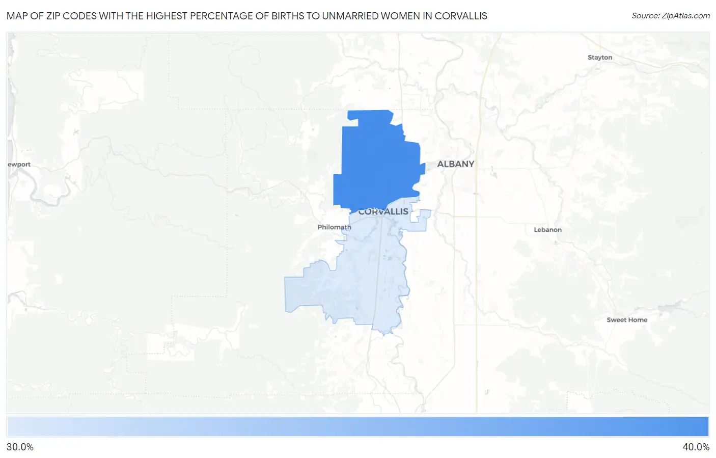 Zip Codes with the Highest Percentage of Births to Unmarried Women in Corvallis Map