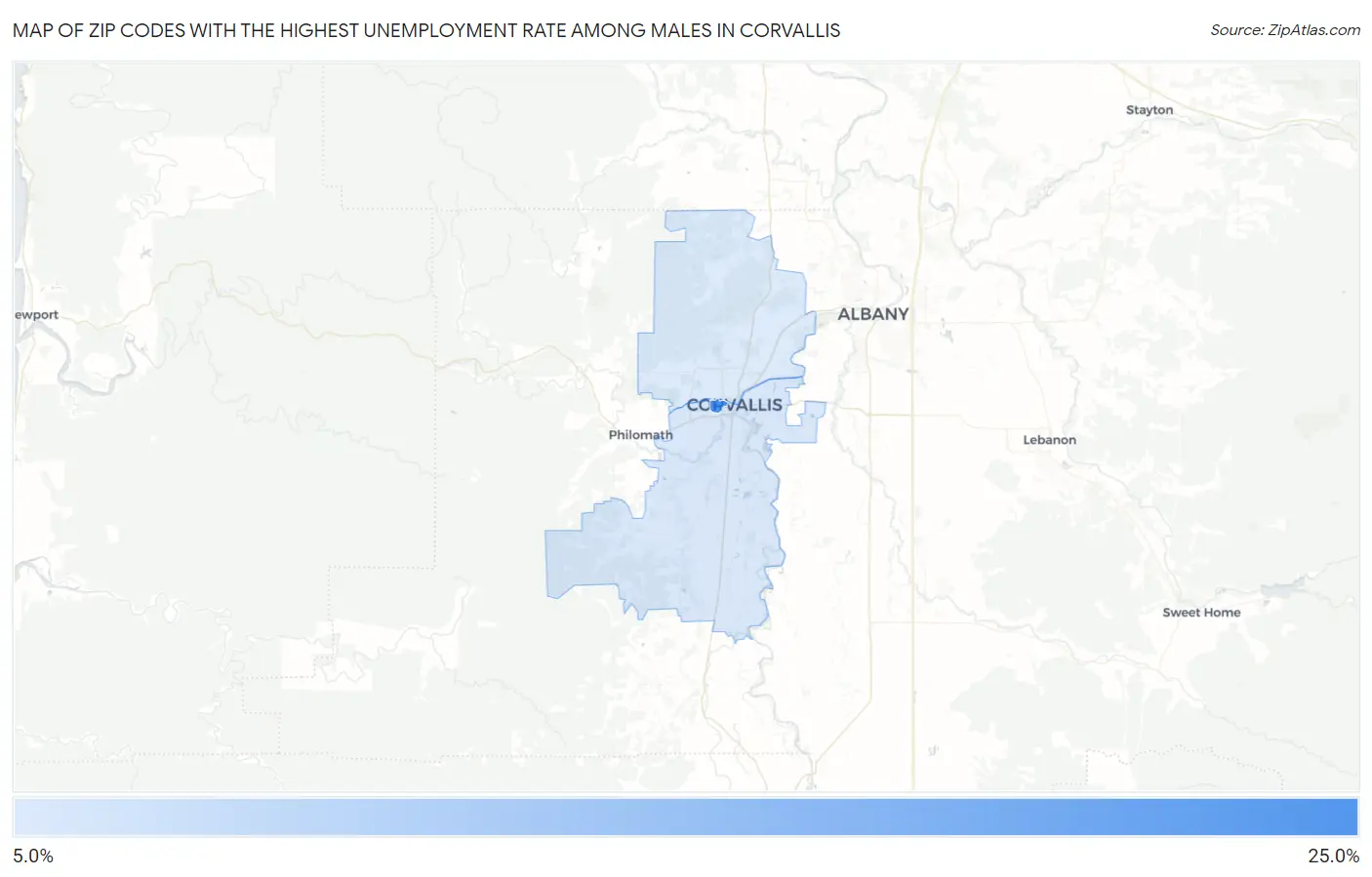 Zip Codes with the Highest Unemployment Rate Among Males in Corvallis Map