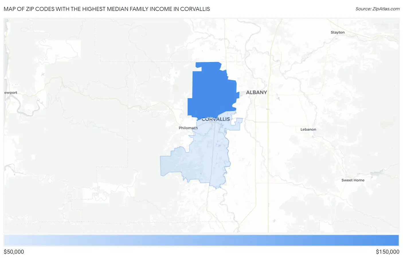 Zip Codes with the Highest Median Family Income in Corvallis Map