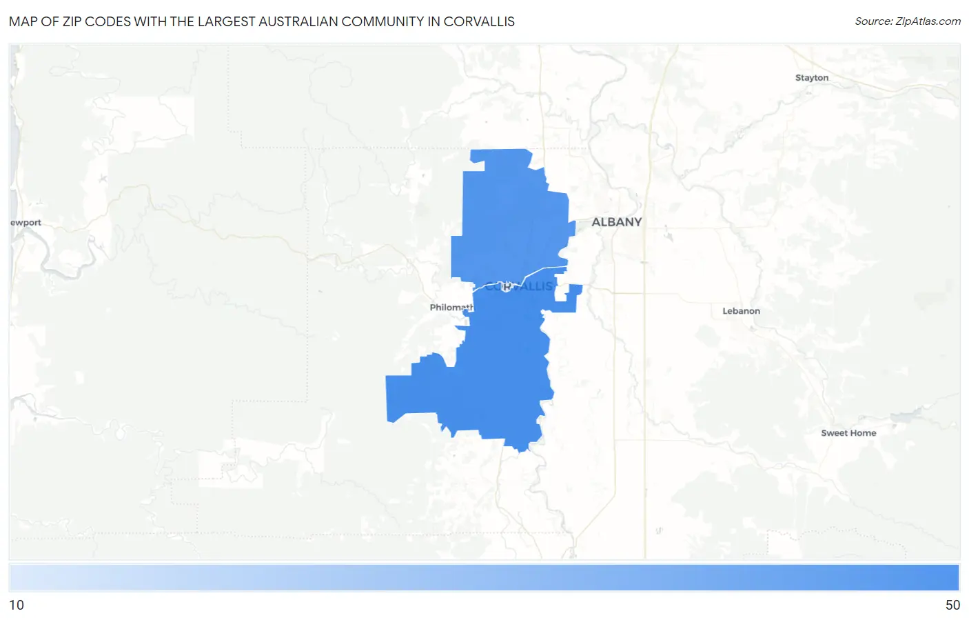 Zip Codes with the Largest Australian Community in Corvallis Map