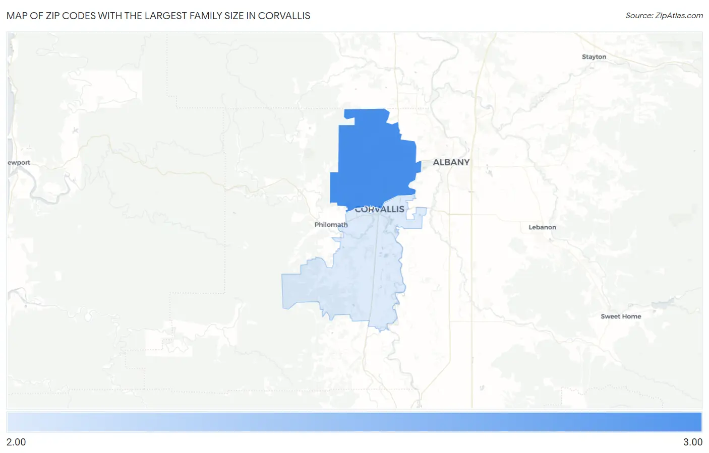Zip Codes with the Largest Family Size in Corvallis Map