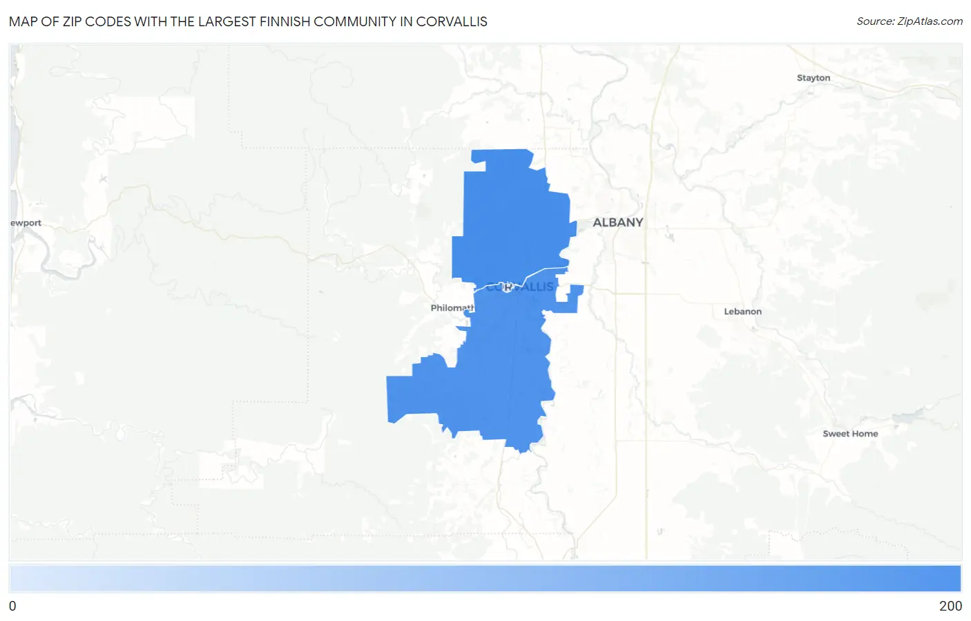 Zip Codes with the Largest Finnish Community in Corvallis Map
