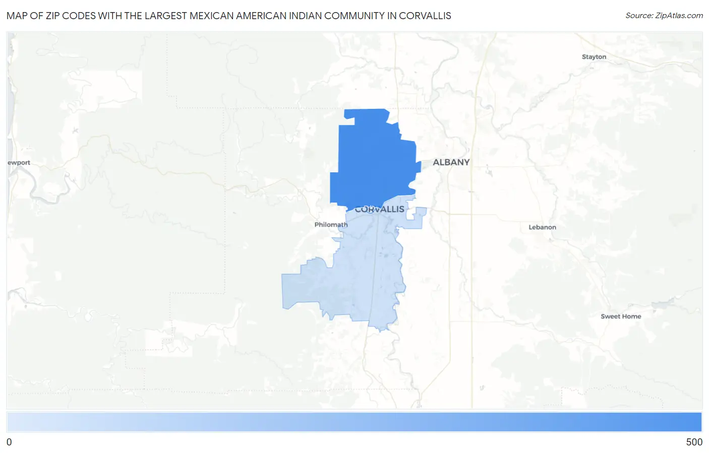 Zip Codes with the Largest Mexican American Indian Community in Corvallis Map