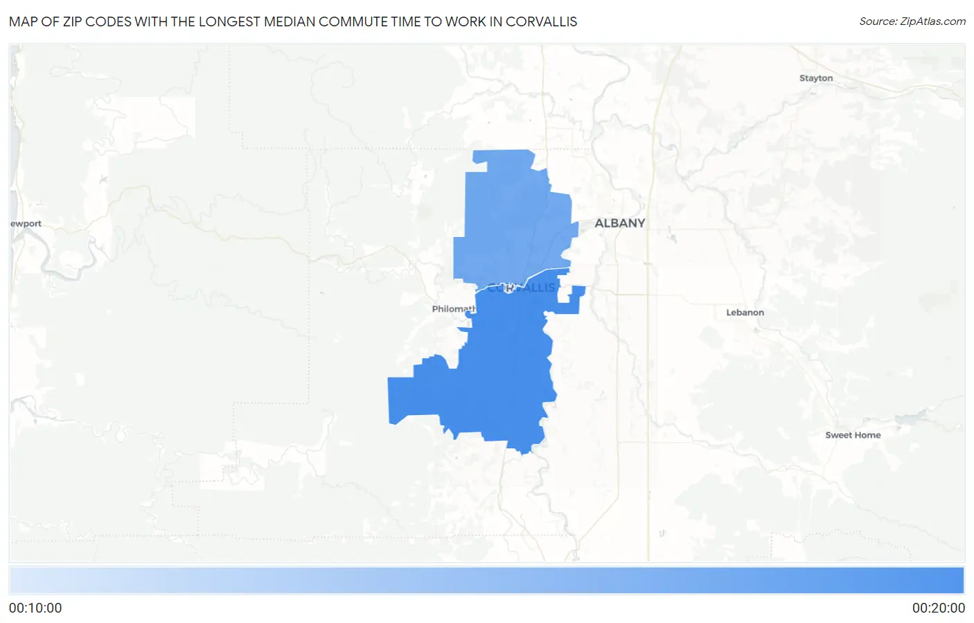 Zip Codes with the Longest Median Commute Time to Work in Corvallis Map