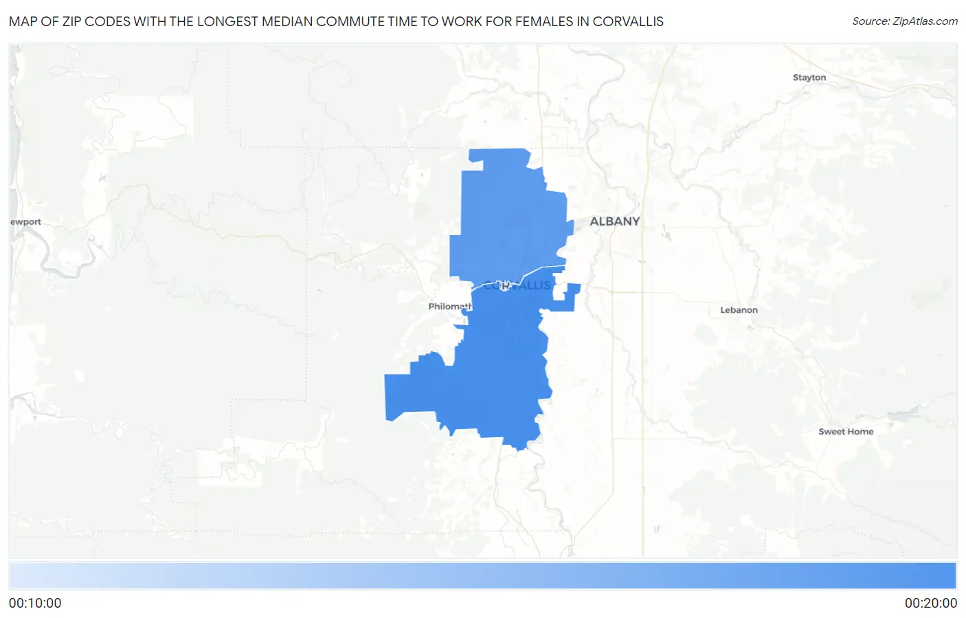 Zip Codes with the Longest Median Commute Time to Work for Females in Corvallis Map
