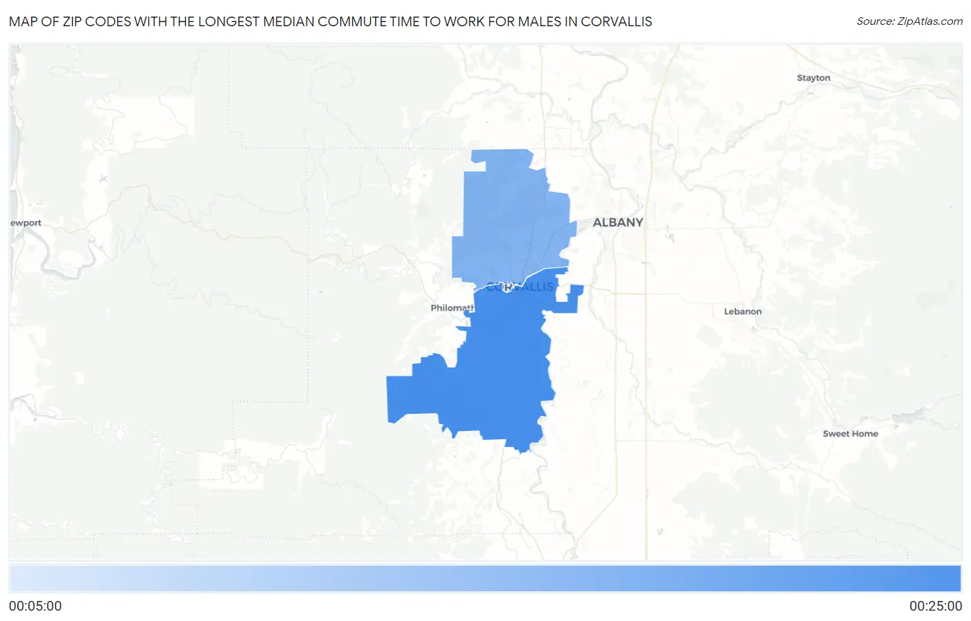 Zip Codes with the Longest Median Commute Time to Work for Males in Corvallis Map