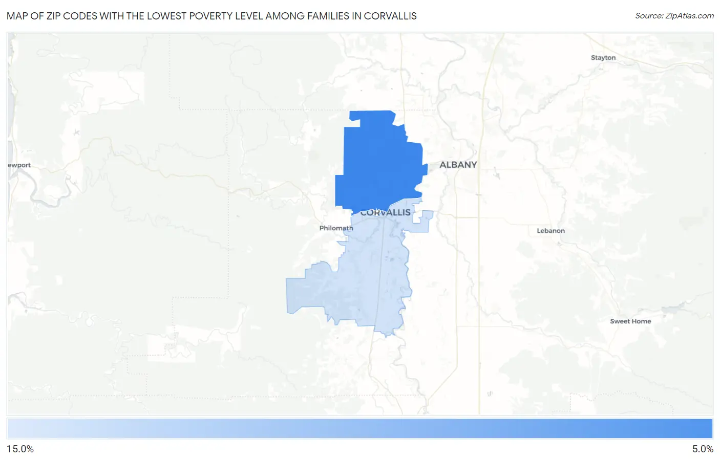 Zip Codes with the Lowest Poverty Level Among Families in Corvallis Map