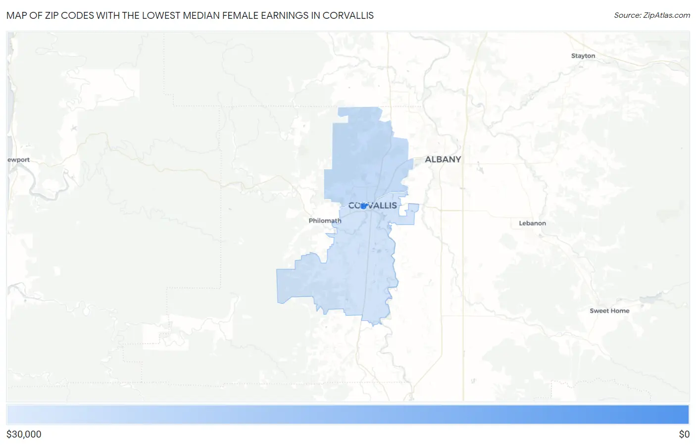 Zip Codes with the Lowest Median Female Earnings in Corvallis Map