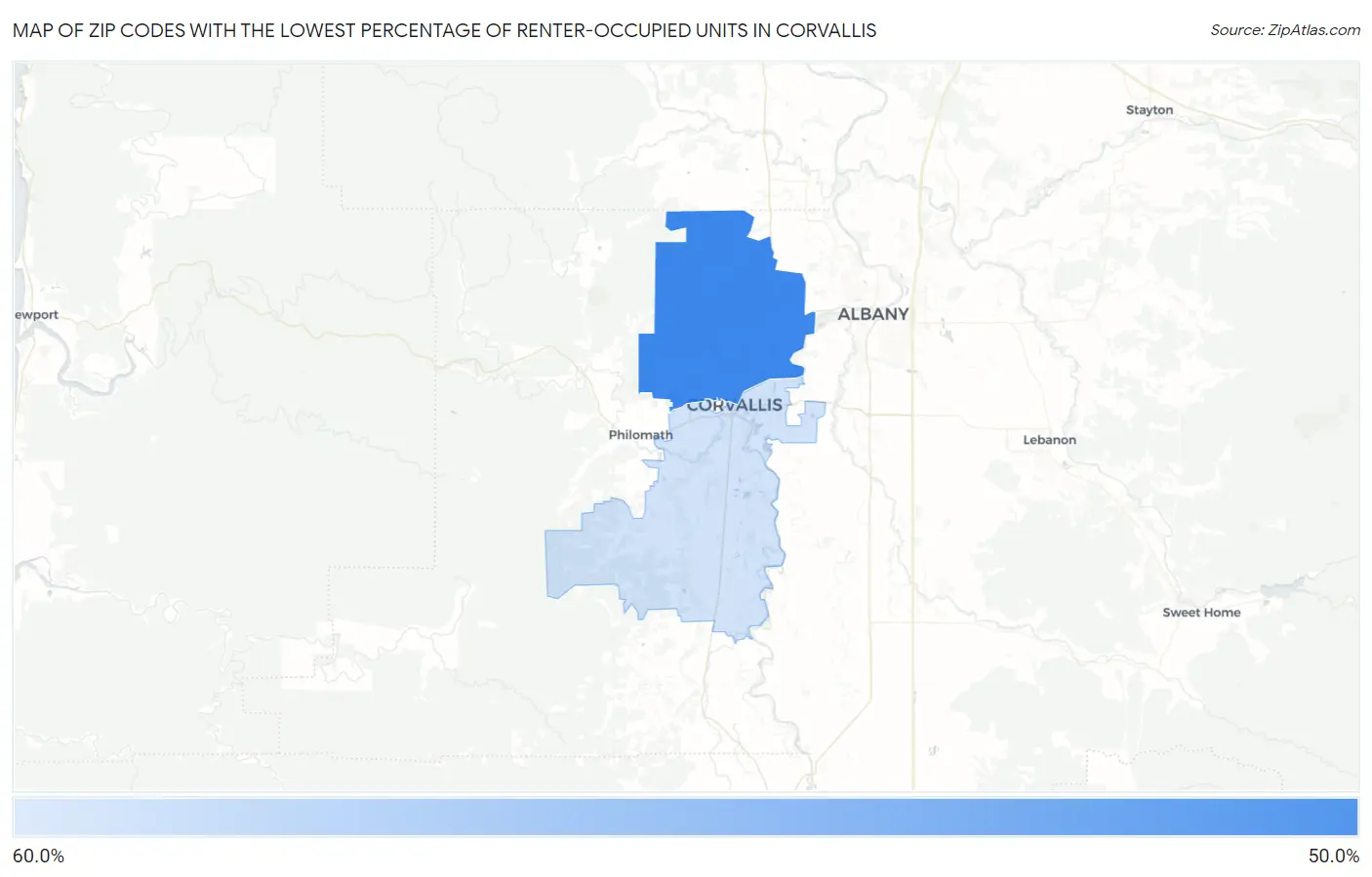 Zip Codes with the Lowest Percentage of Renter-Occupied Units in Corvallis Map