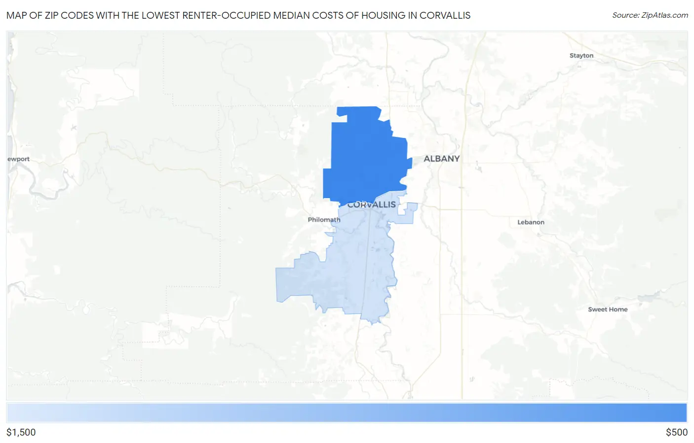 Zip Codes with the Lowest Renter-Occupied Median Costs of Housing in Corvallis Map