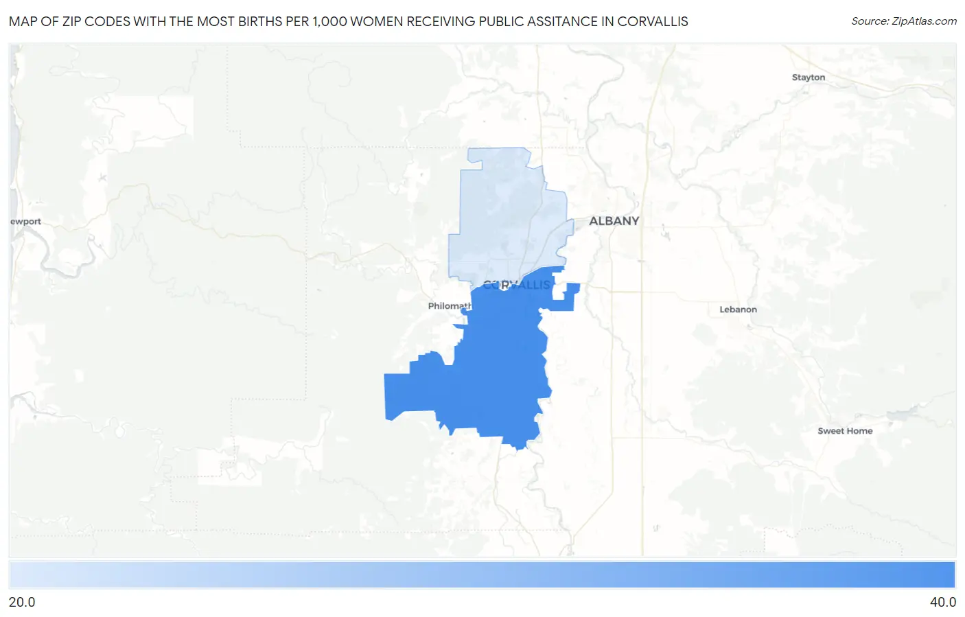 Zip Codes with the Most Births per 1,000 Women Receiving Public Assitance in Corvallis Map