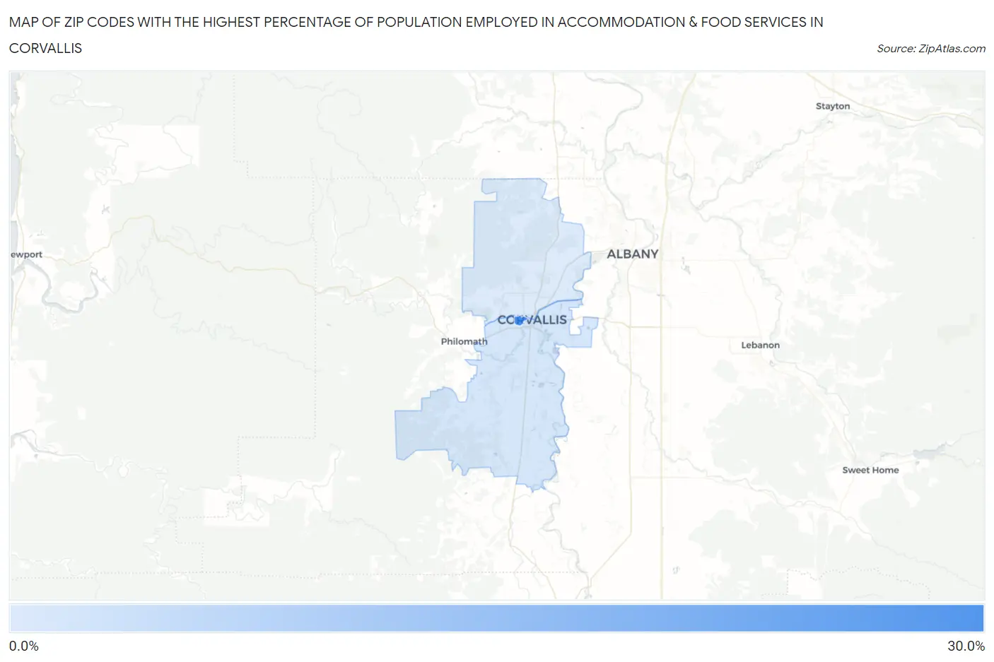 Zip Codes with the Highest Percentage of Population Employed in Accommodation & Food Services in Corvallis Map