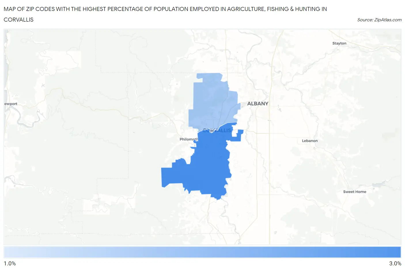 Zip Codes with the Highest Percentage of Population Employed in Agriculture, Fishing & Hunting in Corvallis Map