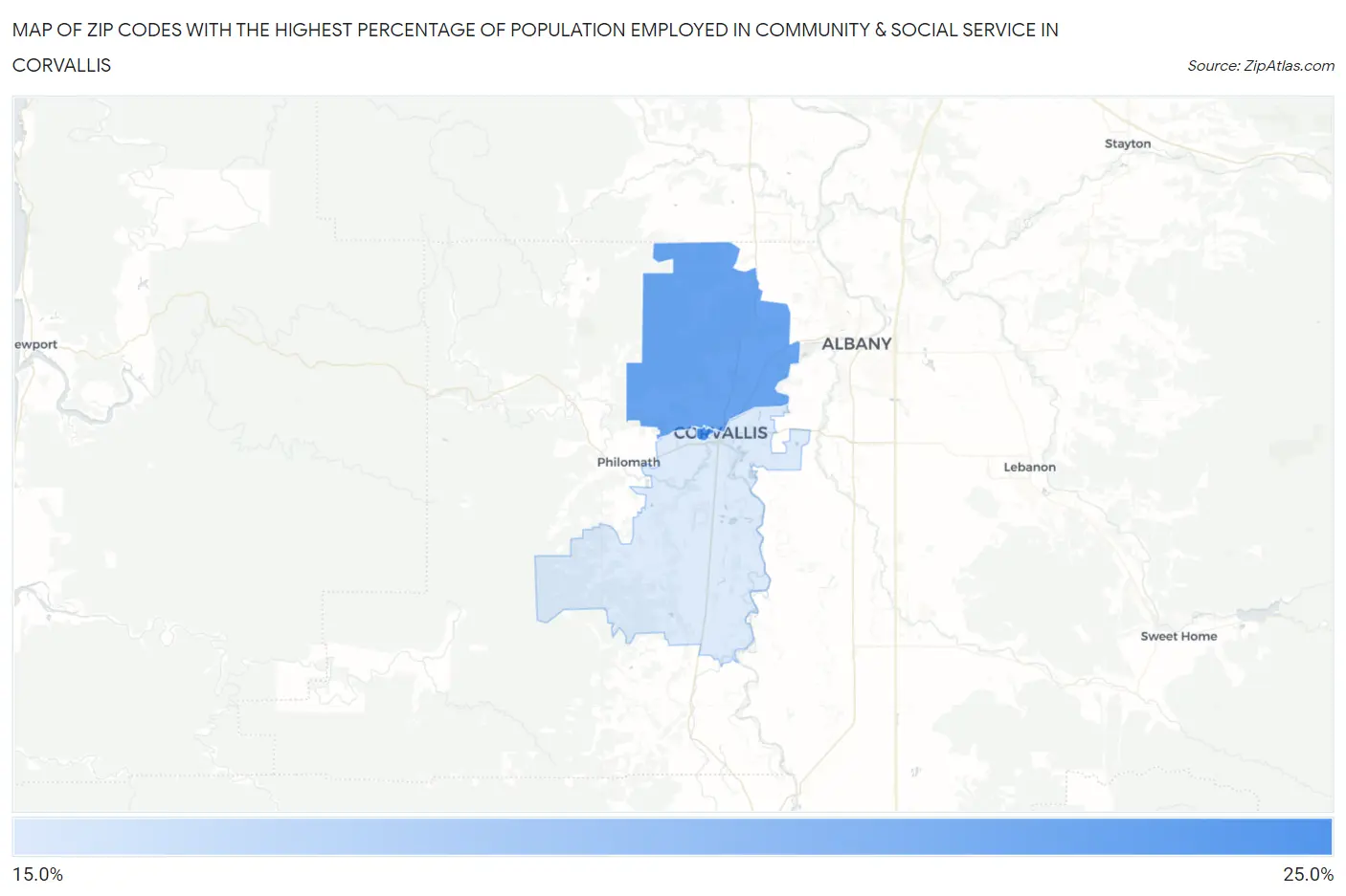 Zip Codes with the Highest Percentage of Population Employed in Community & Social Service  in Corvallis Map