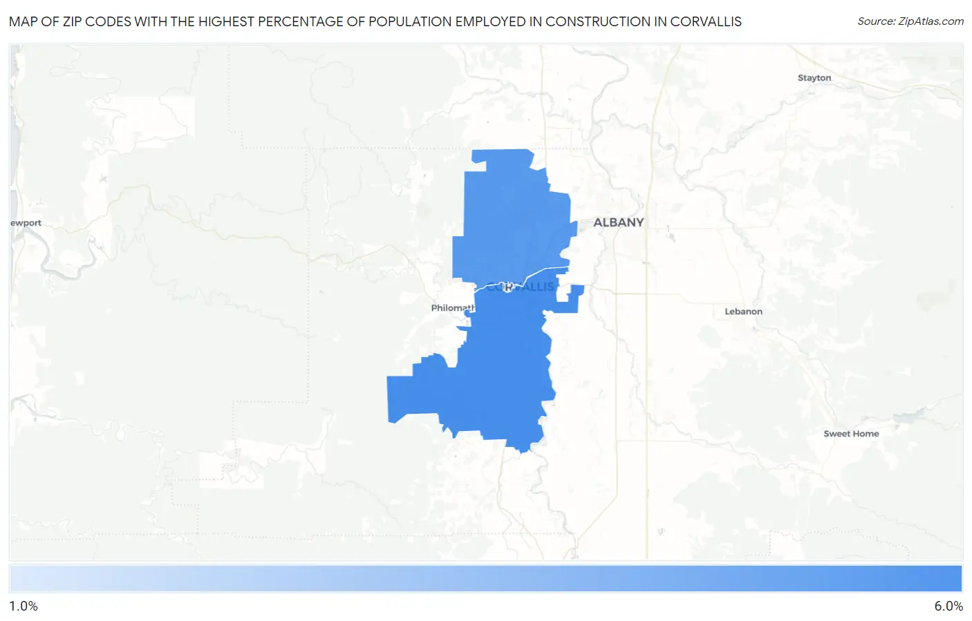 Zip Codes with the Highest Percentage of Population Employed in Construction in Corvallis Map