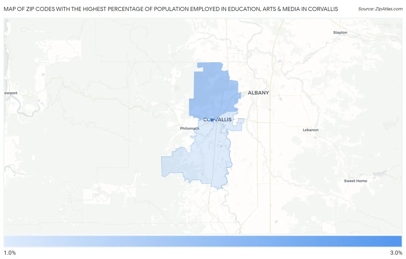 Zip Codes with the Highest Percentage of Population Employed in Education, Arts & Media in Corvallis Map