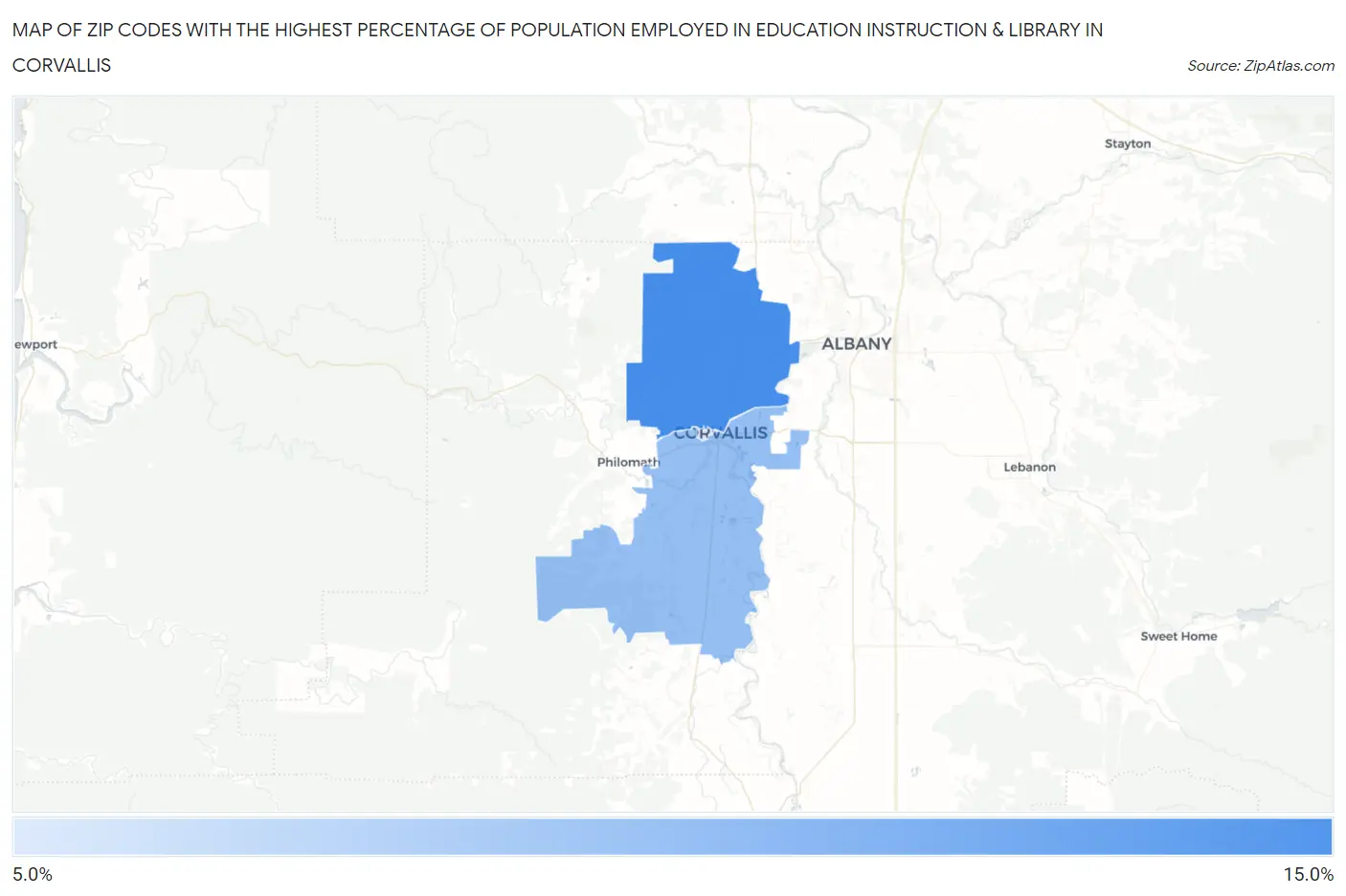 Zip Codes with the Highest Percentage of Population Employed in Education Instruction & Library in Corvallis Map