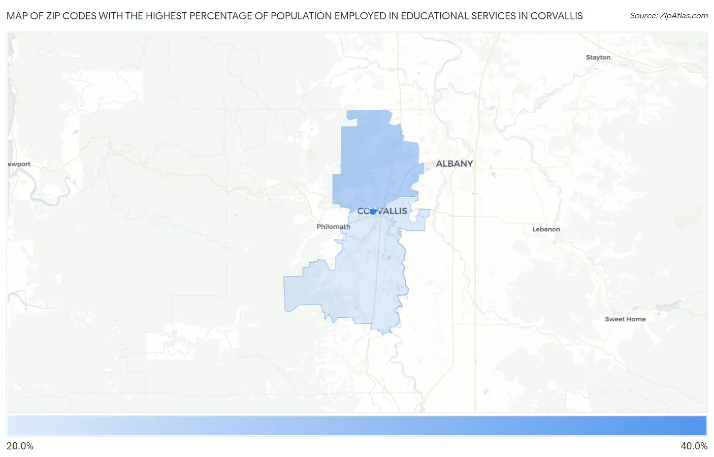 Zip Codes with the Highest Percentage of Population Employed in Educational Services in Corvallis Map