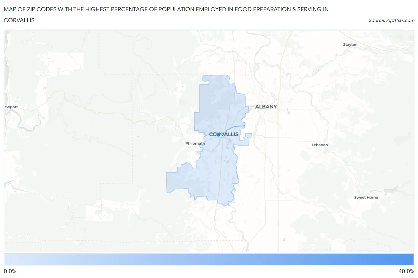 Zip Codes with the Highest Percentage of Population Employed in Food Preparation & Serving in Corvallis Map