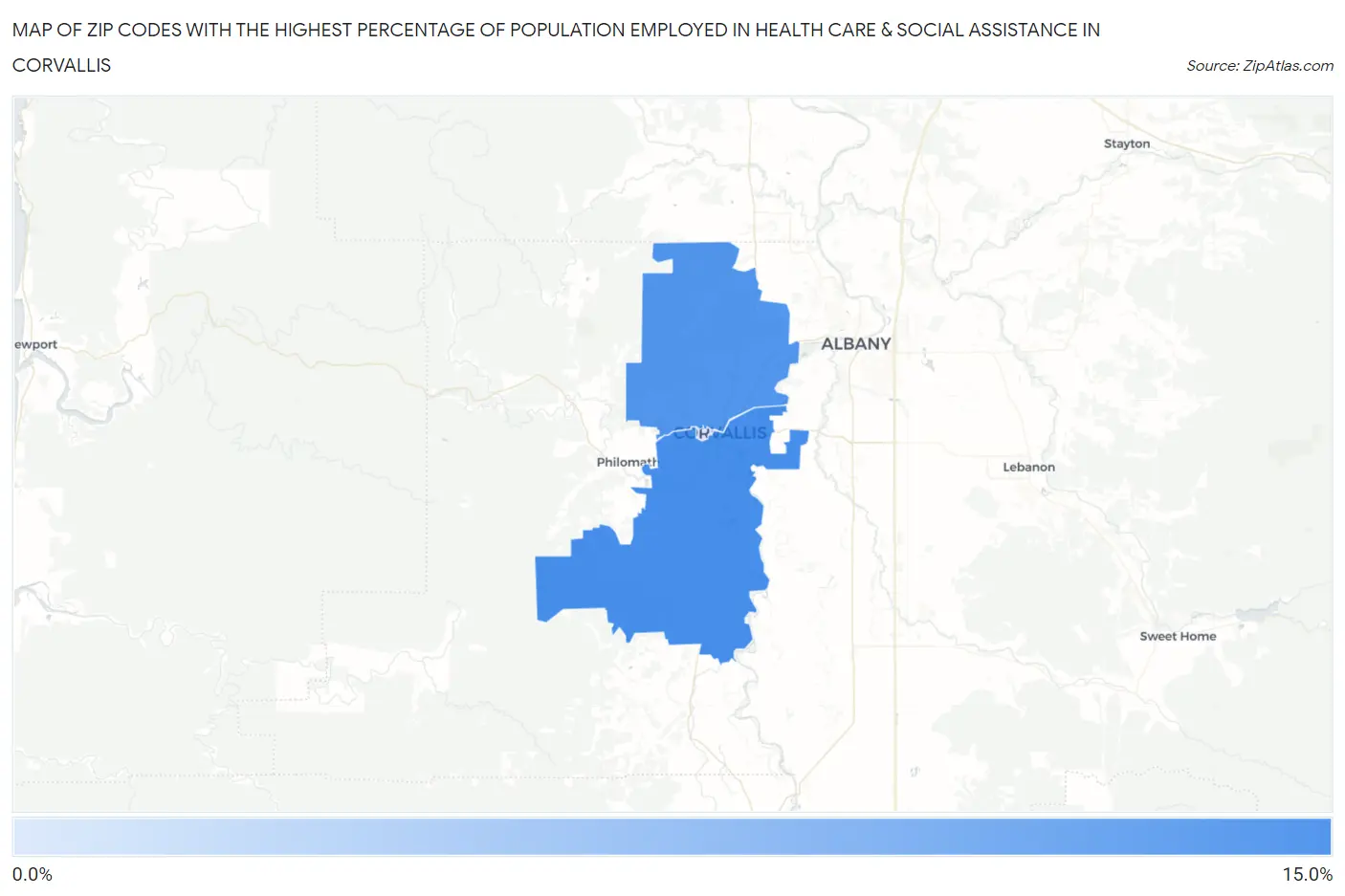 Zip Codes with the Highest Percentage of Population Employed in Health Care & Social Assistance in Corvallis Map