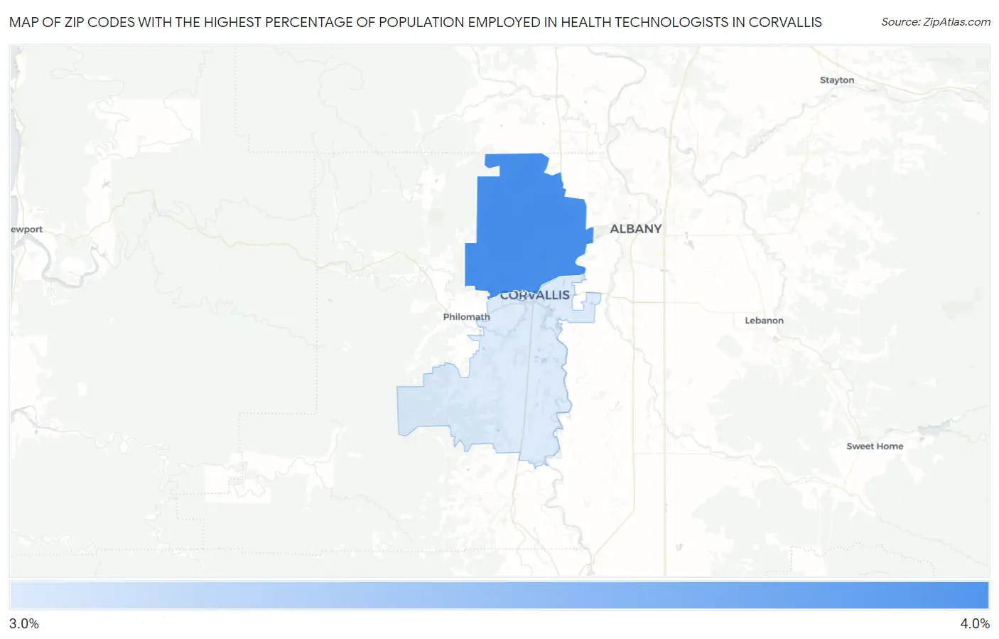 Zip Codes with the Highest Percentage of Population Employed in Health Technologists in Corvallis Map