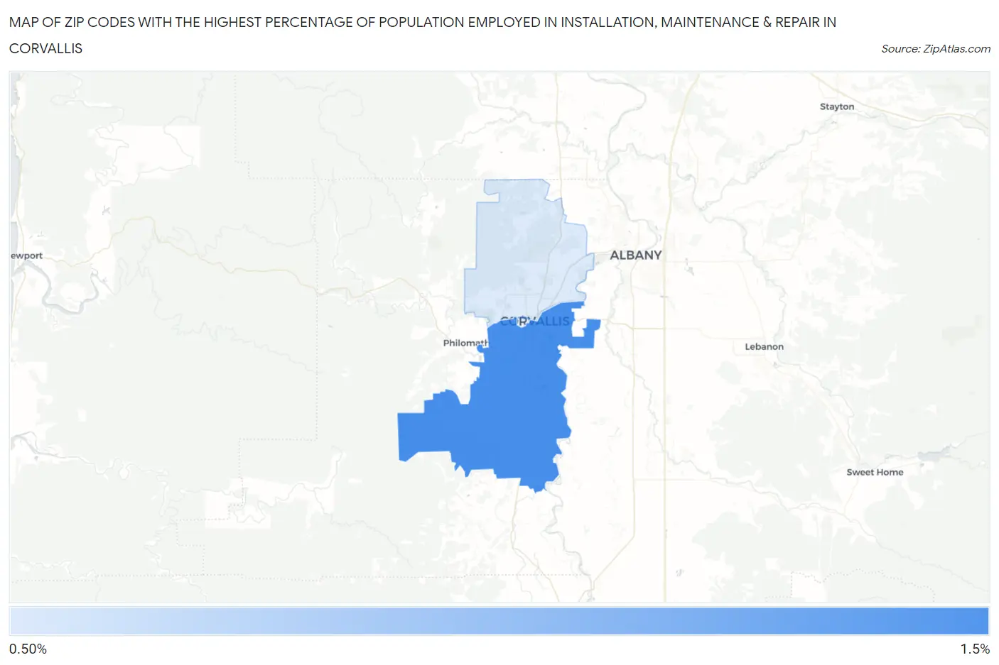 Zip Codes with the Highest Percentage of Population Employed in Installation, Maintenance & Repair in Corvallis Map