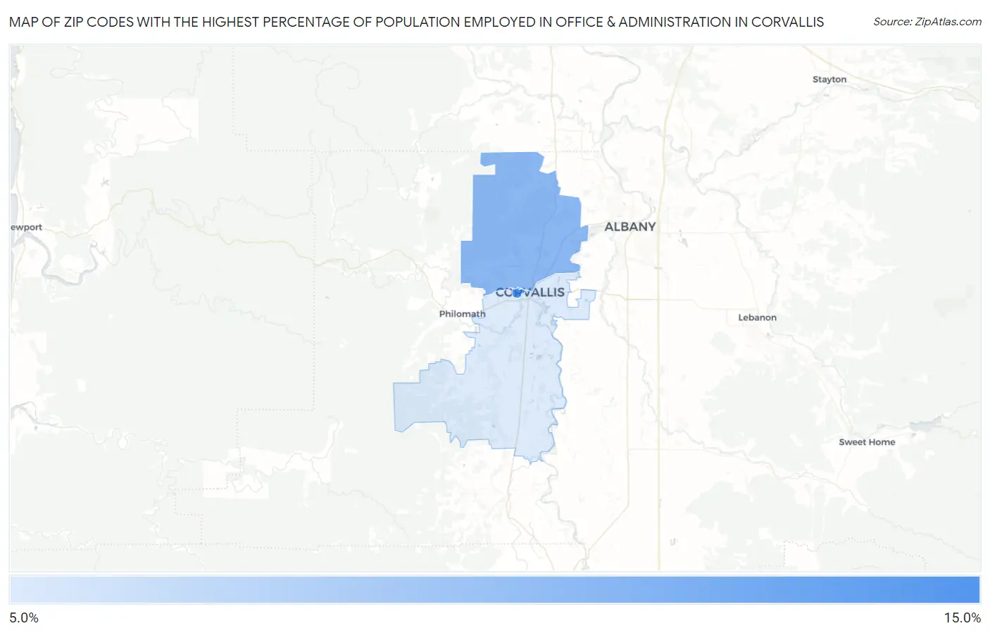 Zip Codes with the Highest Percentage of Population Employed in Office & Administration in Corvallis Map
