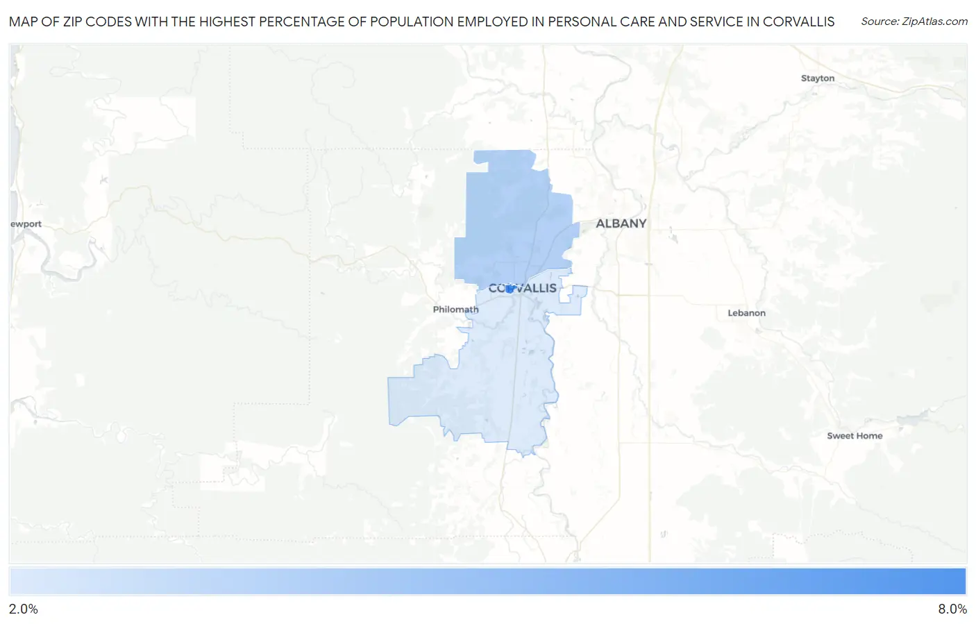 Zip Codes with the Highest Percentage of Population Employed in Personal Care and Service in Corvallis Map