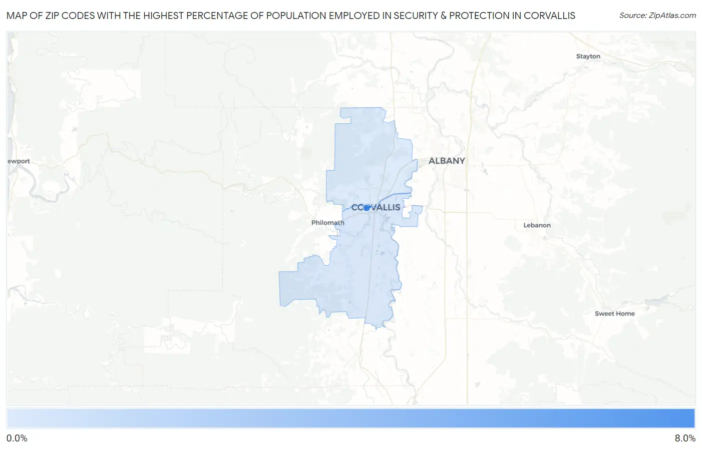 Zip Codes with the Highest Percentage of Population Employed in Security & Protection in Corvallis Map