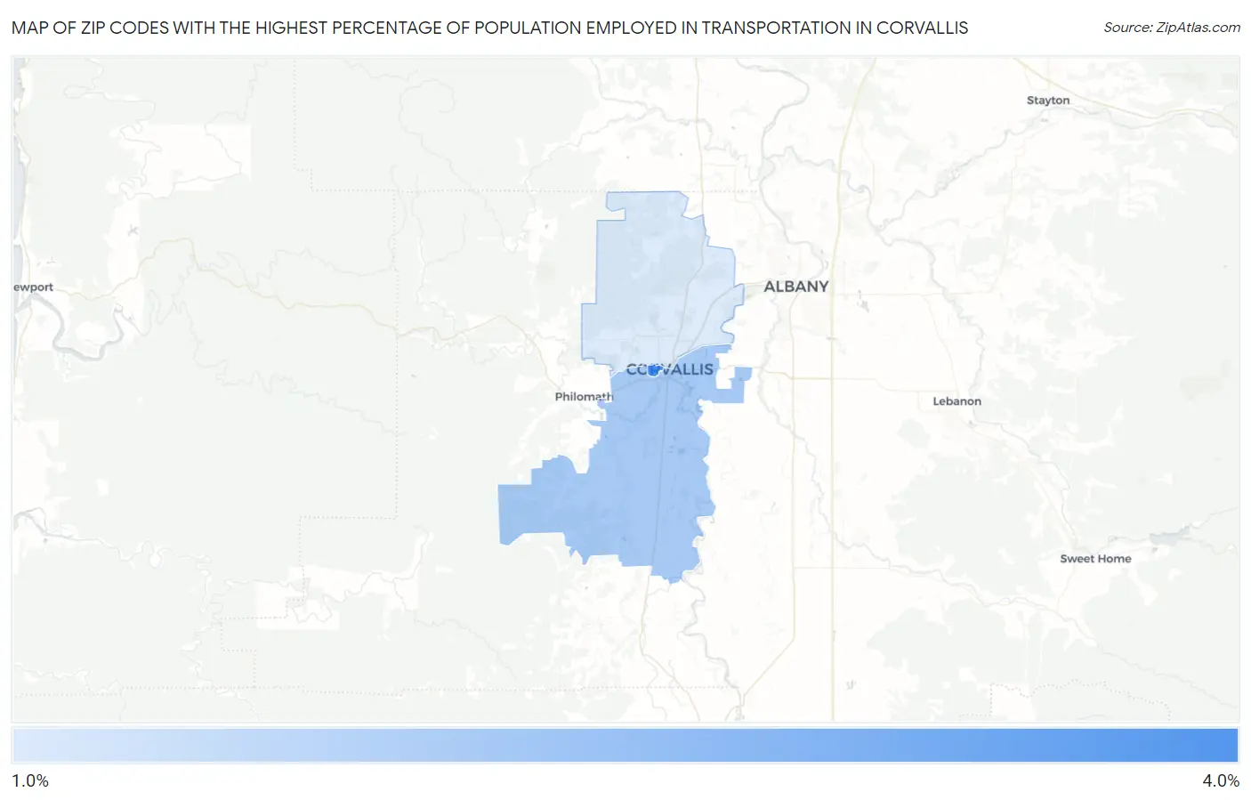 Zip Codes with the Highest Percentage of Population Employed in Transportation in Corvallis Map
