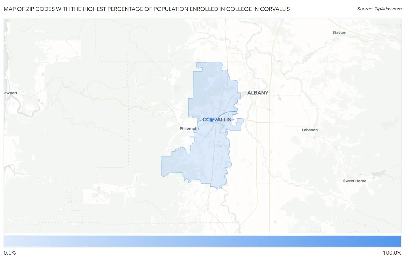 Zip Codes with the Highest Percentage of Population Enrolled in College in Corvallis Map