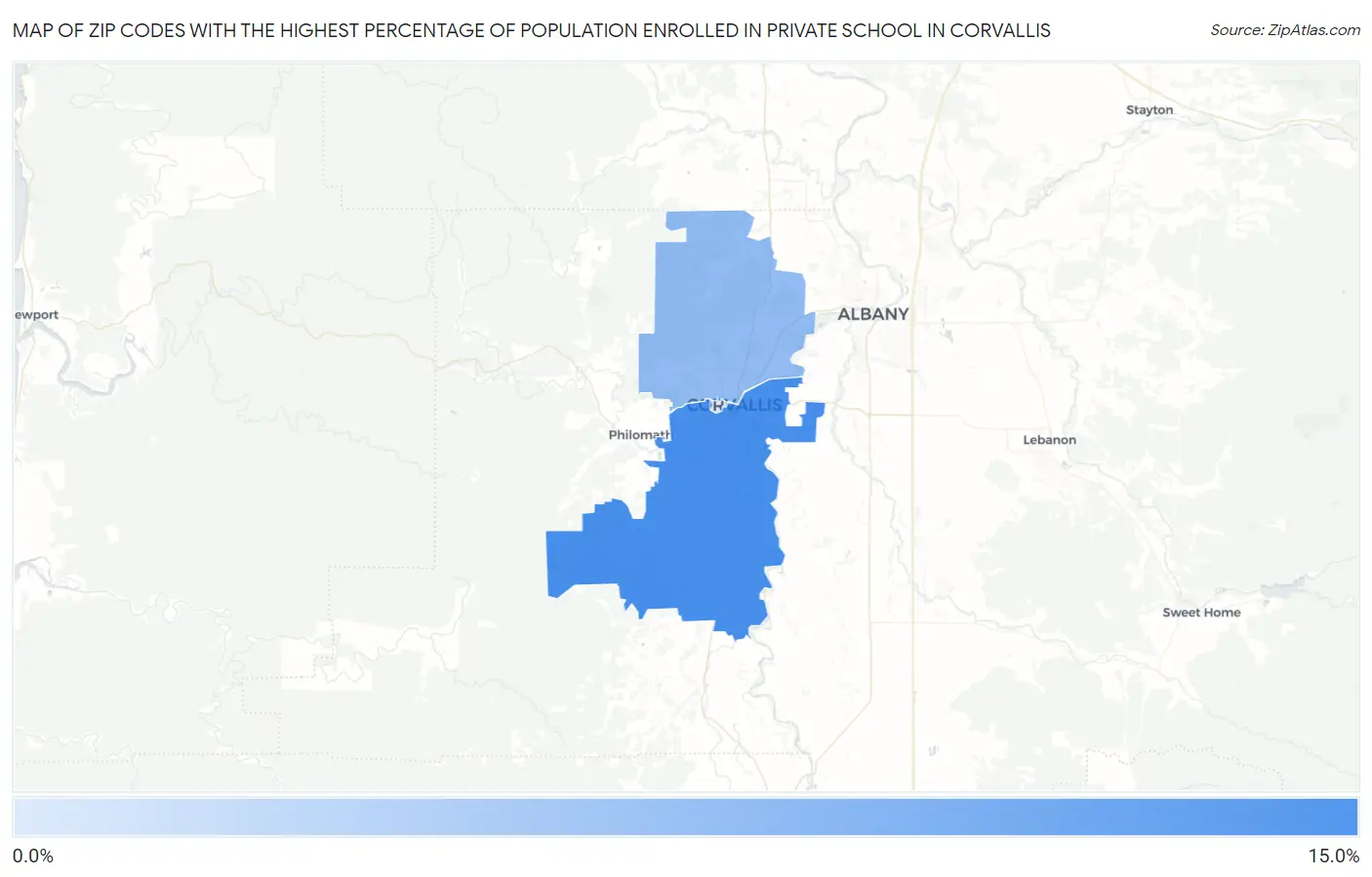 Zip Codes with the Highest Percentage of Population Enrolled in Private School in Corvallis Map
