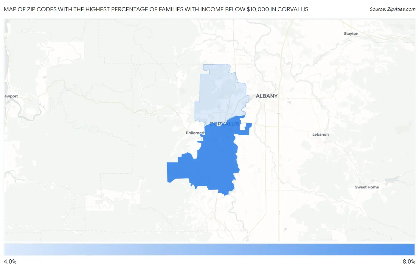 Zip Codes with the Highest Percentage of Families with Income Below $10,000 in Corvallis Map